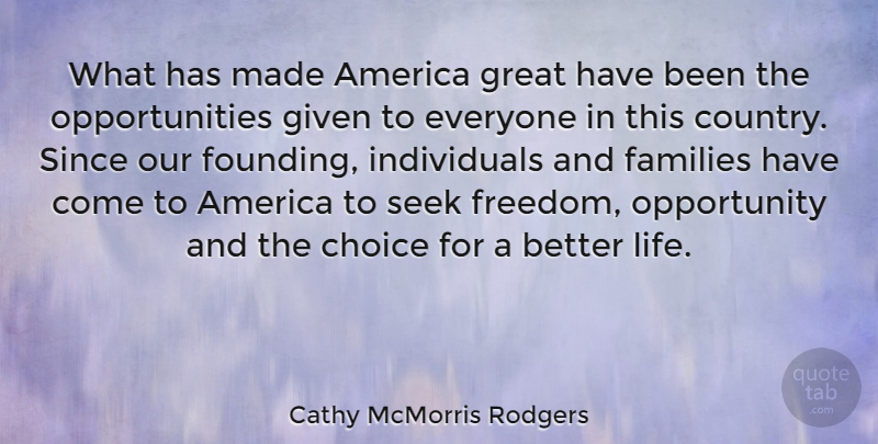 Cathy McMorris Rodgers Quote About America, Choice, Families, Given, Great: What Has Made America Great...