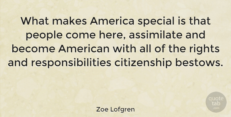 Zoe Lofgren Quote About Responsibility, Rights, America: What Makes America Special Is...
