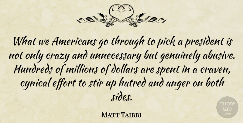 Matt Taibbi Quote About Crazy, Effort, Hatred: What We Americans Go Through...