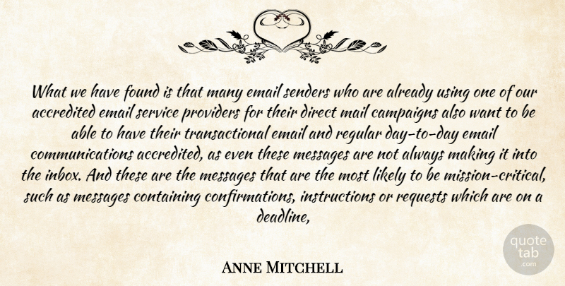 Anne Mitchell Quote About Campaigns, Containing, Direct, Email, Found: What We Have Found Is...