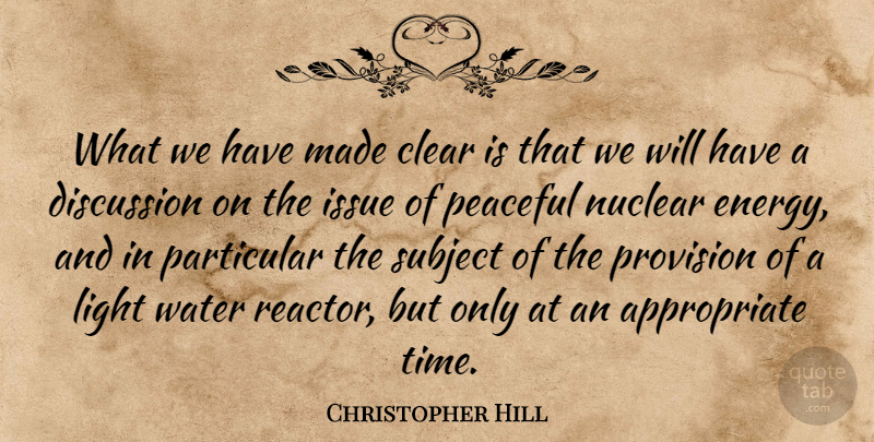 Christopher Hill Quote About Clear, Discussion, Issue, Light, Nuclear: What We Have Made Clear...