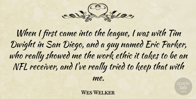 Wes Welker Quote About Came, Dwight, Eric, Ethic, Guy: When I First Came Into...