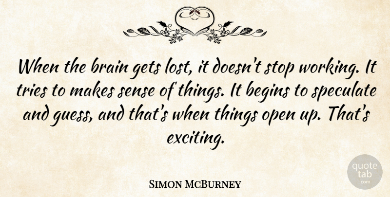 Simon McBurney Quote About Begins, Gets, Open, Speculate, Tries: When The Brain Gets Lost...