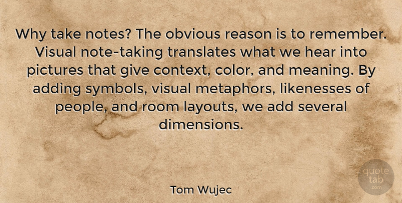 Tom Wujec Quote About Adding, Hear, Obvious, Pictures, Room: Why Take Notes The Obvious...
