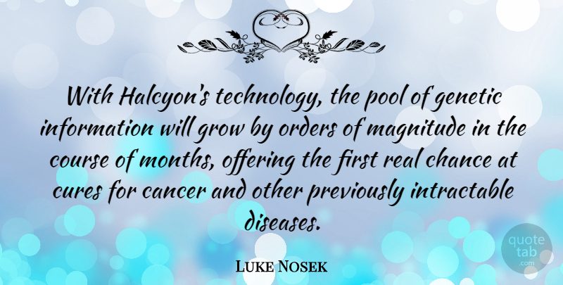 Luke Nosek Quote About Chance, Course, Cures, Genetic, Grow: With Halcyons Technology The Pool...