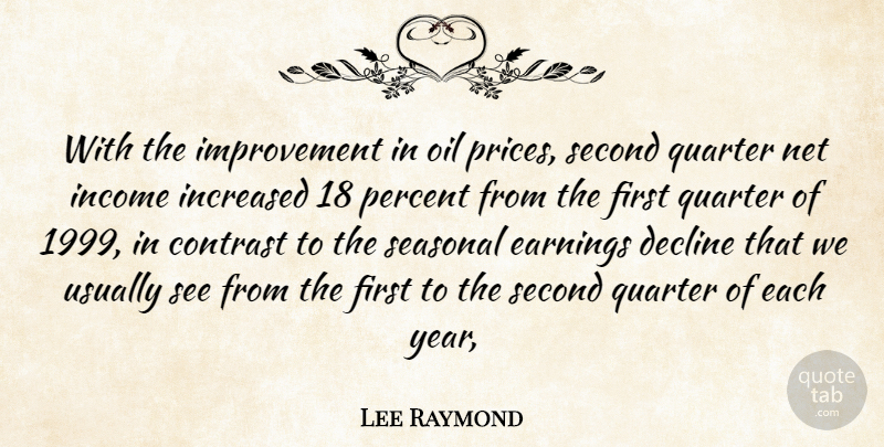 Lee Raymond Quote About Contrast, Decline, Earnings, Improvement, Income: With The Improvement In Oil...
