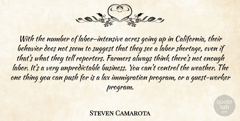 Steven Camarota Quote About Acres, Behavior, Control, Farmers, Labor: With The Number Of Labor...