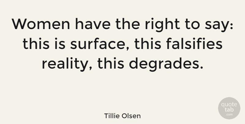 Tillie Olsen Quote About Reality, Surface, Degrade: Women Have The Right To...