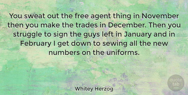 Whitey Herzog Quote About Agent, American Athlete, Baseball, Guys, January: You Sweat Out The Free...