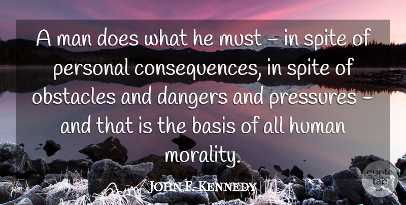 John F. Kennedy Quote About Dangers, Human, Man, Pressures, Spite: A Man Does What He...