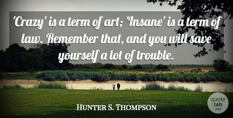 Hunter S. Thompson Quote About Art, Crazy, Law: Crazy Is A Term Of...