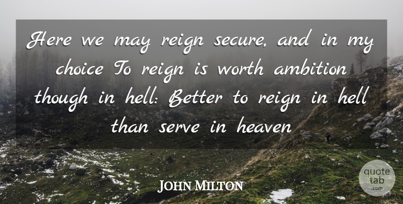John Milton Quote About Ambition, Choice, Heaven, Hell, Reign: Here We May Reign Secure...