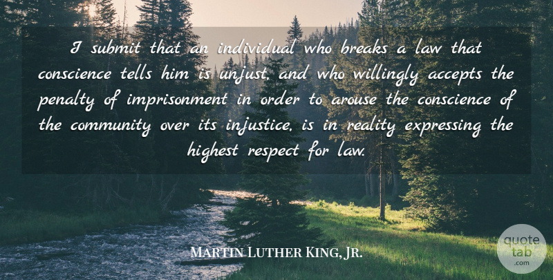 Martin Luther King, Jr. Quote About Accepts, Arouse, Breaks, Conscience, Expressing: I Submit That An Individual...