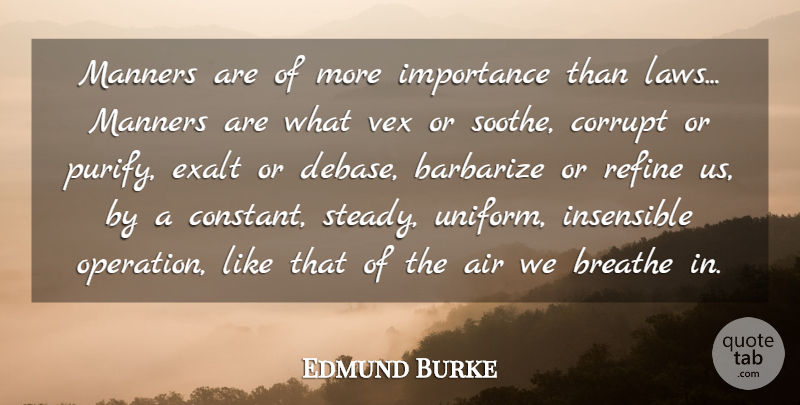 Edmund Burke Quote About Air, Breathe, Corrupt, Exalt, Importance: Manners Are Of More Importance...