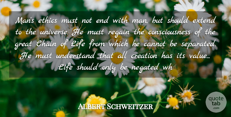 Albert Schweitzer Quote About Men, Ethics, Consciousness: Mans Ethics Must Not End...