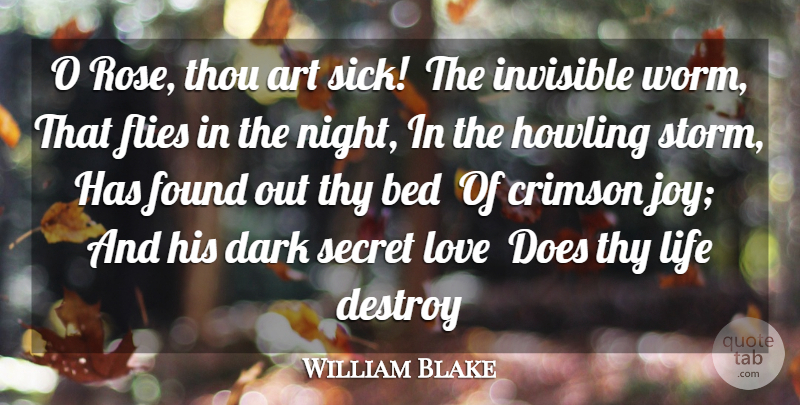 William Blake Quote About Art, Bed, Crimson, Dark, Destroy: O Rose Thou Art Sick...