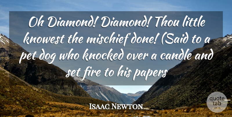 Isaac Newton Quote About Candle, Dog, Fire, Knocked, Mischief: Oh Diamond Diamond Thou Little...