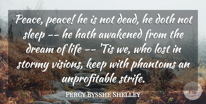 Percy Bysshe Shelley Quote About Awakened, Doth, Dream, Hath, Life: Peace Peace He Is Not...