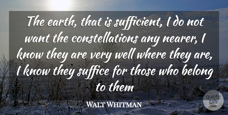 Walt Whitman Quote About Earth, Want, Constellations: The Earth That Is Sufficient...