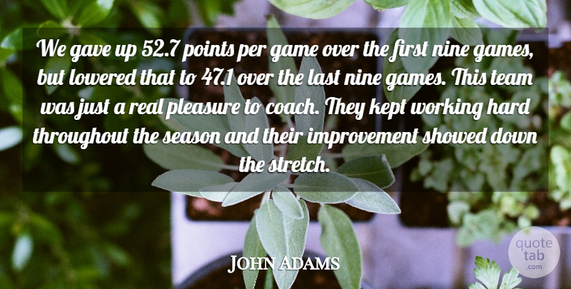 John Adams Quote About Game, Gave, Hard, Improvement, Kept: We Gave Up 52 7...