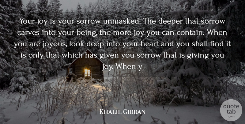Khalil Gibran Quote About Deep, Deeper, Given, Giving, Heart: Your Joy Is Your Sorrow...