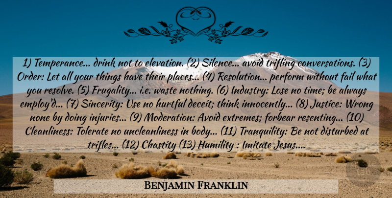 Benjamin Franklin Quote About Jesus, Humility, Thinking: 1 Temperance Drink Not To...