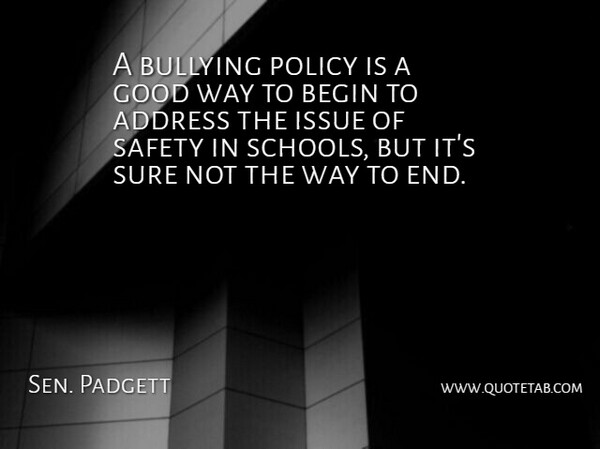 Sen. Padgett Quote About Address, Begin, Bullying, Good, Issue: A Bullying Policy Is A...