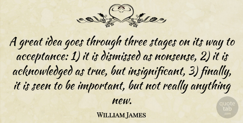 William James Quote About Acceptance, Ideas, Important: A Great Idea Goes Through...