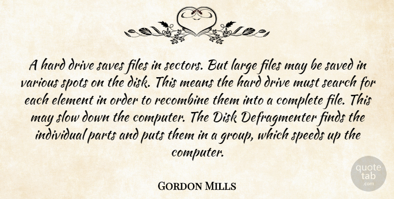 Gordon Mills Quote About Complete, Drive, Element, Files, Finds: A Hard Drive Saves Files...