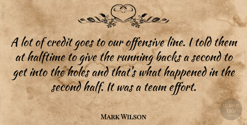 Mark Wilson Quote About Backs, Credit, Goes, Halftime, Happened: A Lot Of Credit Goes...