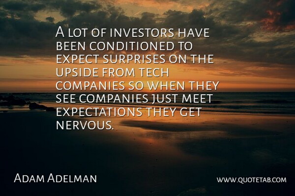 Adam Adelman Quote About Companies, Expect, Investors, Meet, Surprises: A Lot Of Investors Have...