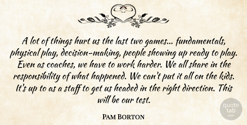 Pam Borton Quote About Headed, Hurt, Last, People, Physical: A Lot Of Things Hurt...