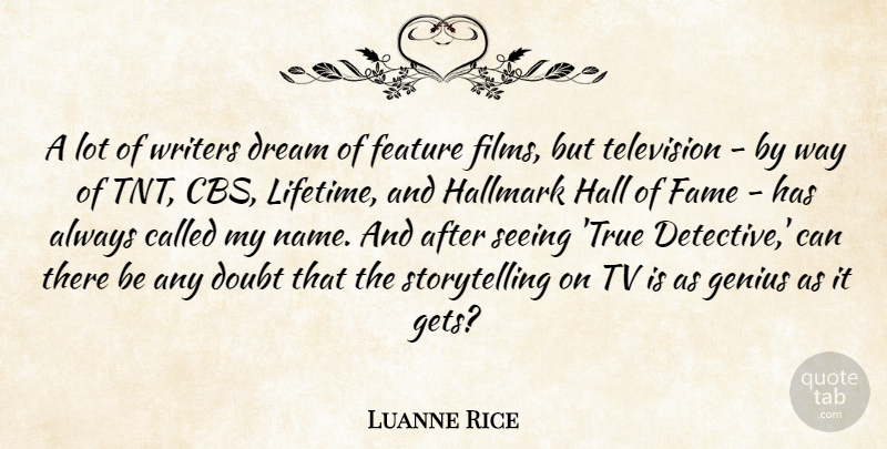 Luanne Rice Quote About Fame, Feature, Genius, Hallmark, Seeing: A Lot Of Writers Dream...
