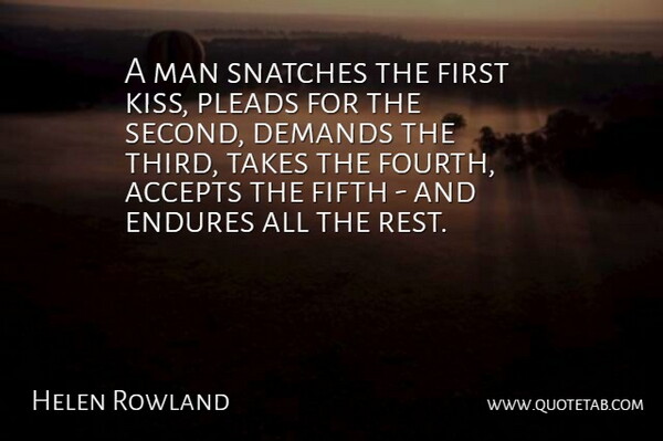 Helen Rowland Quote About Love, Acceptance, Kissing: A Man Snatches The First...