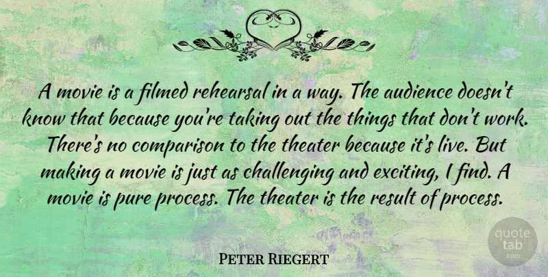 Peter Riegert Quote About Comparison, Pure, Rehearsal, Result, Taking: A Movie Is A Filmed...