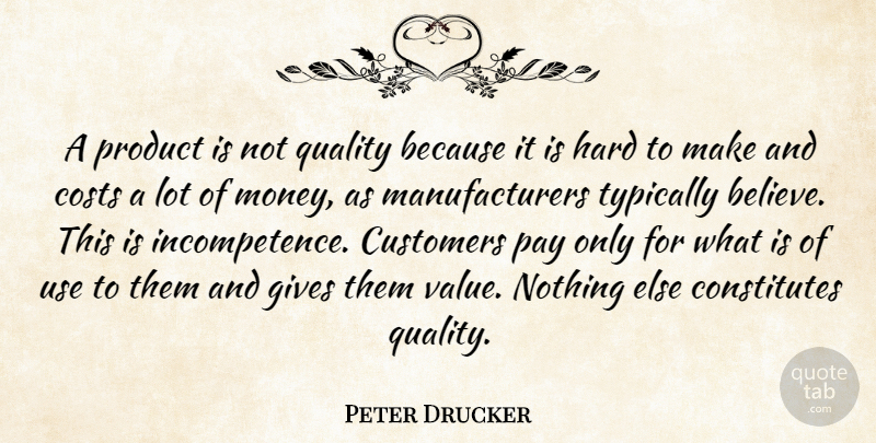 Peter Drucker Quote About Costs, Customers, Gives, Hard, Pay: A Product Is Not Quality...