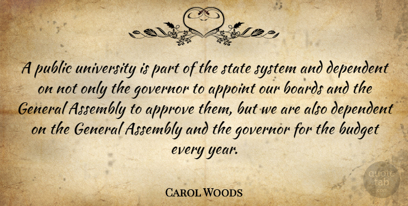 Carol Woods Quote About Approve, Assembly, Boards, Budget, Dependent: A Public University Is Part...