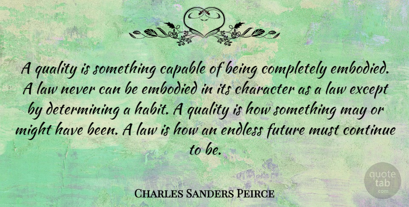 Charles Sanders Peirce Quote About Character, Law, Quality: A Quality Is Something Capable...