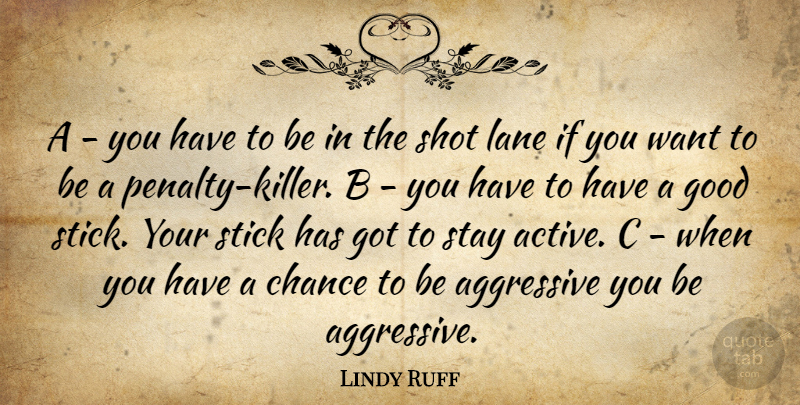 Lindy Ruff Quote About Aggressive, Chance, Good, Lane, Shot: A You Have To Be...