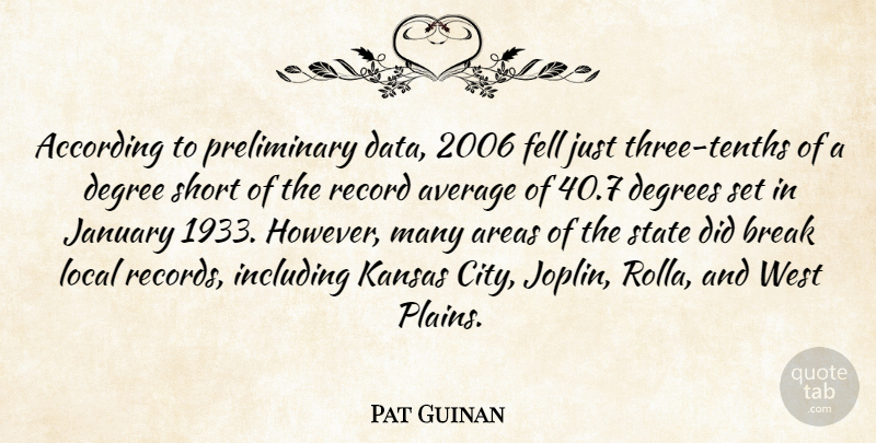 Pat Guinan Quote About According, Areas, Average, Break, Degree: According To Preliminary Data 2006...