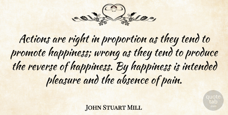 John Stuart Mill Quote About Pain, Action, Absence: Actions Are Right In Proportion...