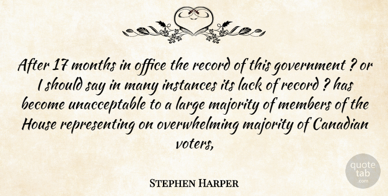 Stephen Harper Quote About Canadian, Government, House, Lack, Large: After 17 Months In Office...
