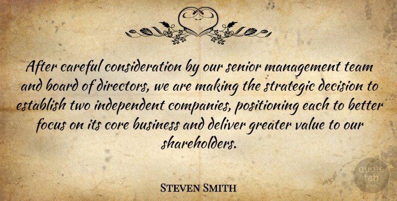 Steven Smith Quote About Board, Business, Careful, Core, Decision: After Careful Consideration By Our...