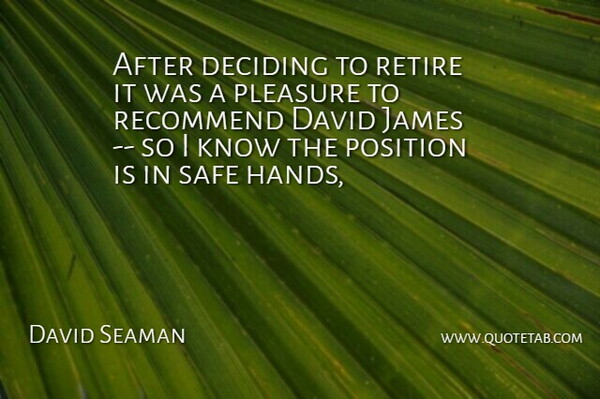 David Seaman Quote About David, Deciding, James, Pleasure, Position: After Deciding To Retire It...