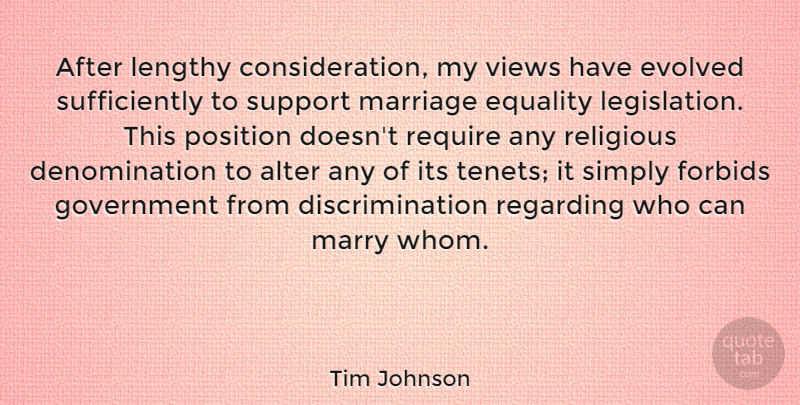 Tim Johnson Quote About Religious, Views, Government: After Lengthy Consideration My Views...