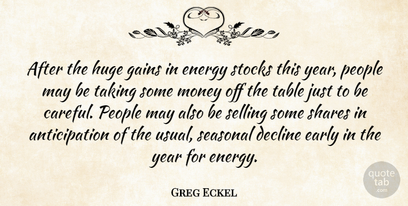 Greg Eckel Quote About Decline, Early, Energy, Gains, Huge: After The Huge Gains In...
