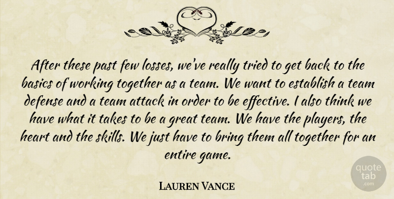 Lauren Vance Quote About Attack, Basics, Bring, Defense, Entire: After These Past Few Losses...