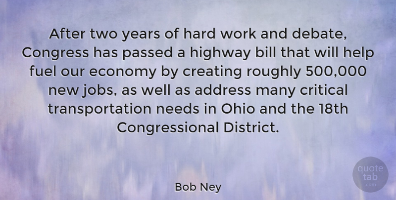 Bob Ney Quote About Jobs, Hard Work, Ohio: After Two Years Of Hard...