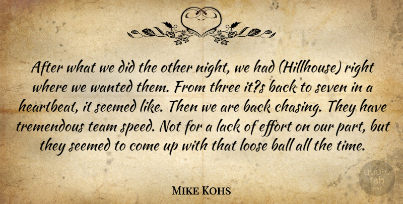 Mike Kohs Quote About Ball, Effort, Lack, Loose, Seemed: After What We Did The...