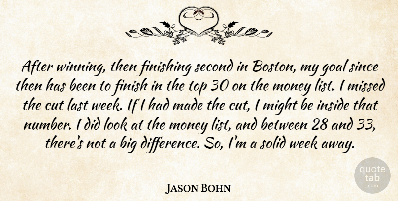Jason Bohn Quote About Cut, Finishing, Goal, Inside, Last: After Winning Then Finishing Second...